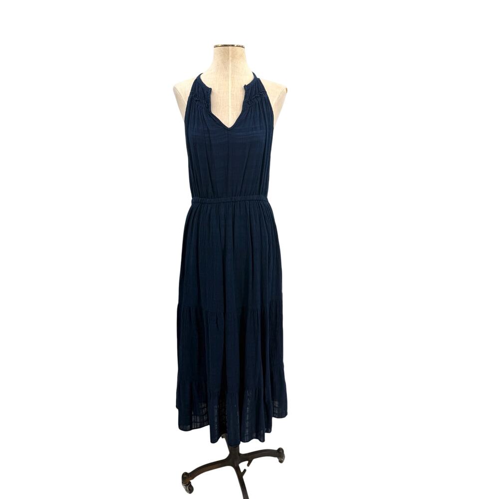 Self Contrast Navy‎ Gauze Halter Tiered Midi Dress Boho Sleeveless Size Medium